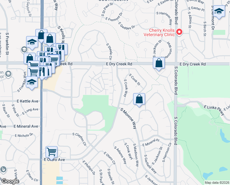 map of restaurants, bars, coffee shops, grocery stores, and more near 7661 South Steele Street in Centennial