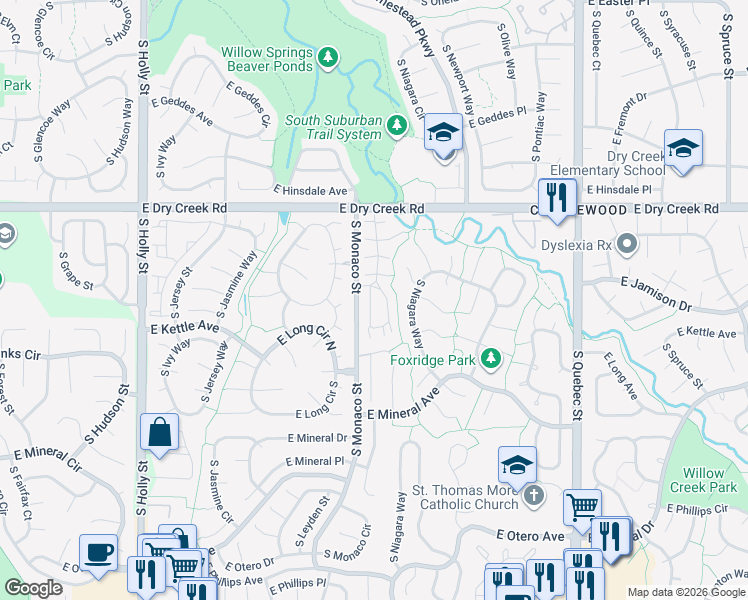 map of restaurants, bars, coffee shops, grocery stores, and more near 7642 S Monaco Cir W in Centennial