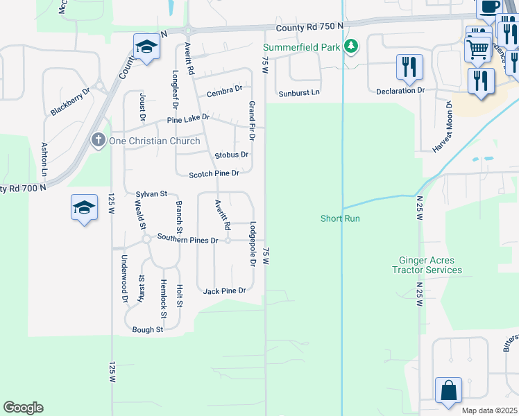 map of restaurants, bars, coffee shops, grocery stores, and more near 2907 Lodgepole Drive in Whiteland