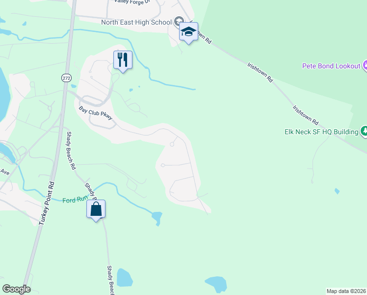 map of restaurants, bars, coffee shops, grocery stores, and more near 12 Chip Shot Court in North East