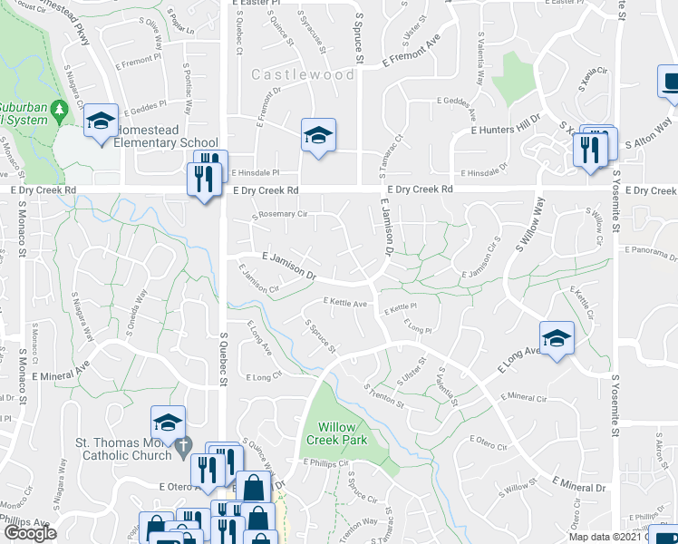 map of restaurants, bars, coffee shops, grocery stores, and more near 7701 East Jamison Drive in Centennial