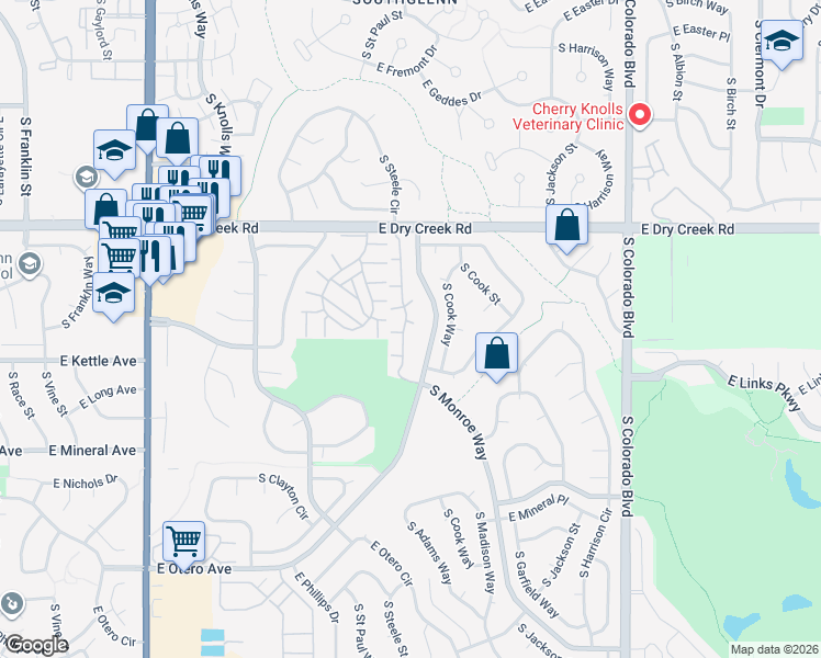 map of restaurants, bars, coffee shops, grocery stores, and more near 7661 South Steele Street in Centennial