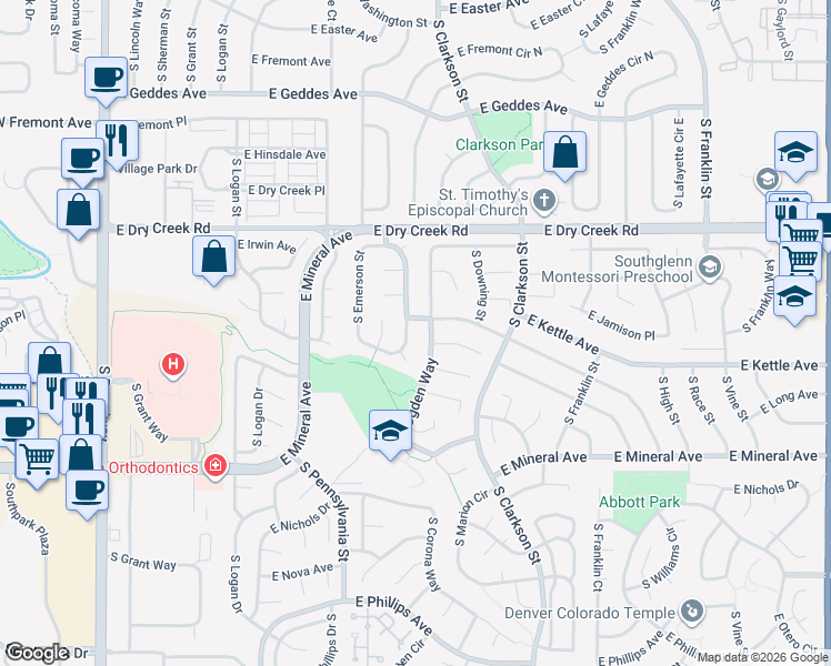 map of restaurants, bars, coffee shops, grocery stores, and more near 7625 South Ogden Way in Centennial