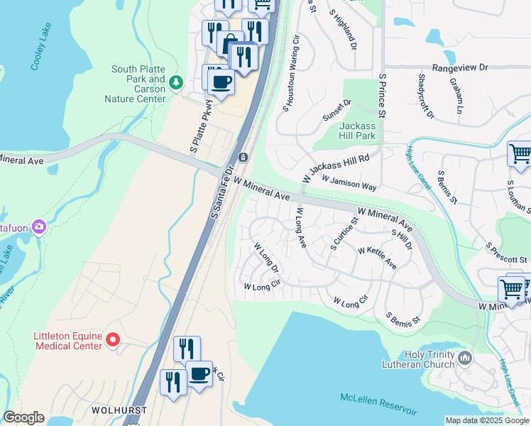 map of restaurants, bars, coffee shops, grocery stores, and more near 2982 West Long Drive in Littleton