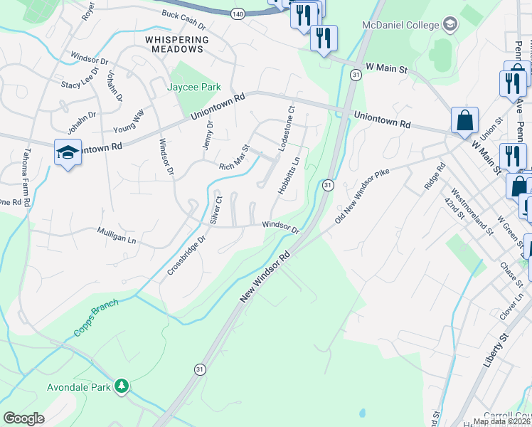map of restaurants, bars, coffee shops, grocery stores, and more near 414 Hobbitts Ln in Westminster