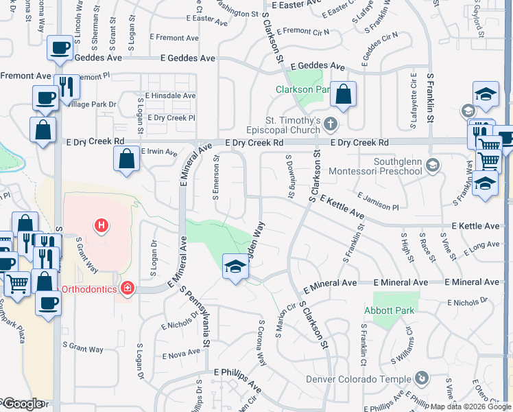 map of restaurants, bars, coffee shops, grocery stores, and more near 7625 South Ogden Way in Centennial