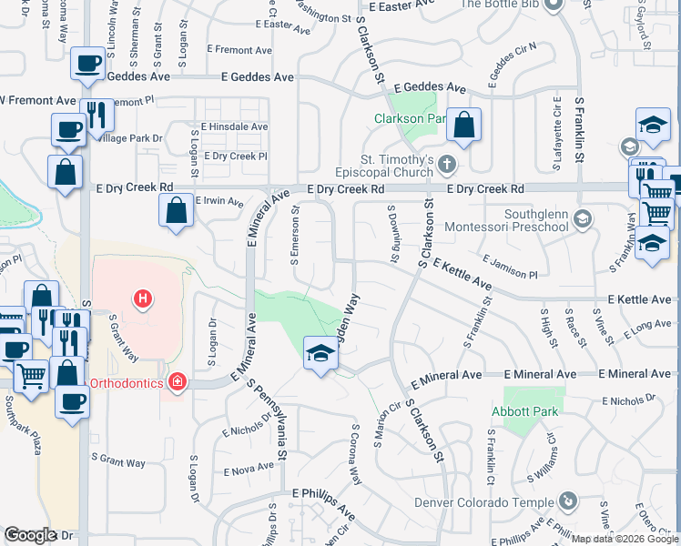 map of restaurants, bars, coffee shops, grocery stores, and more near 7625 South Ogden Way in Centennial