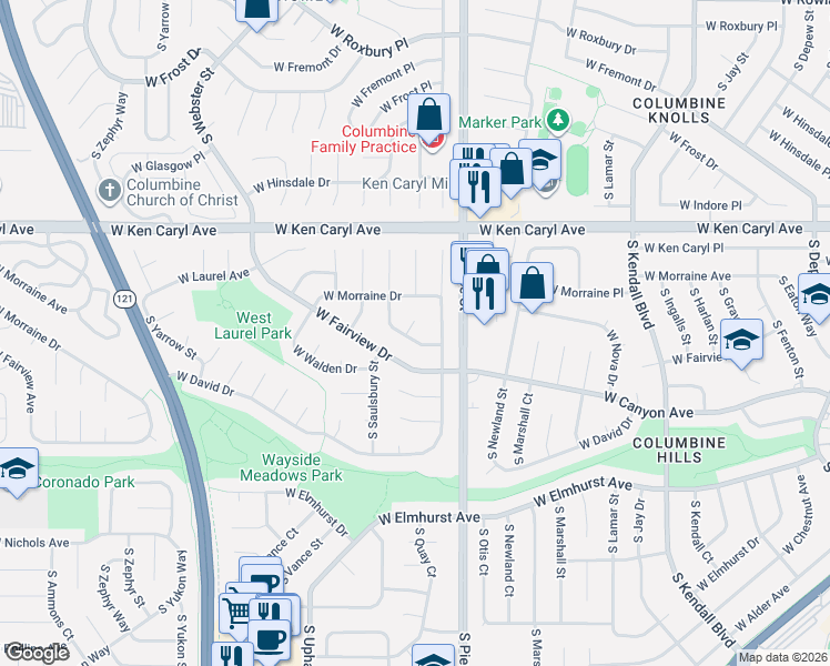 map of restaurants, bars, coffee shops, grocery stores, and more near 7668 South Quay Court in Littleton