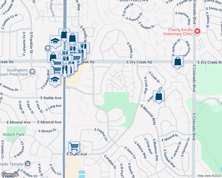 map of restaurants, bars, coffee shops, grocery stores, and more near 7713 South Cove Circle in Centennial
