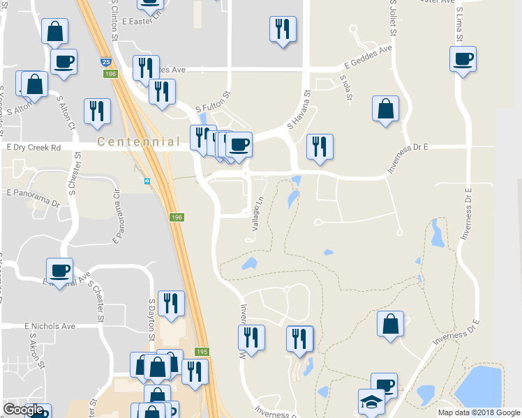 map of restaurants, bars, coffee shops, grocery stores, and more near 7840 Vallagio Lane in Englewood