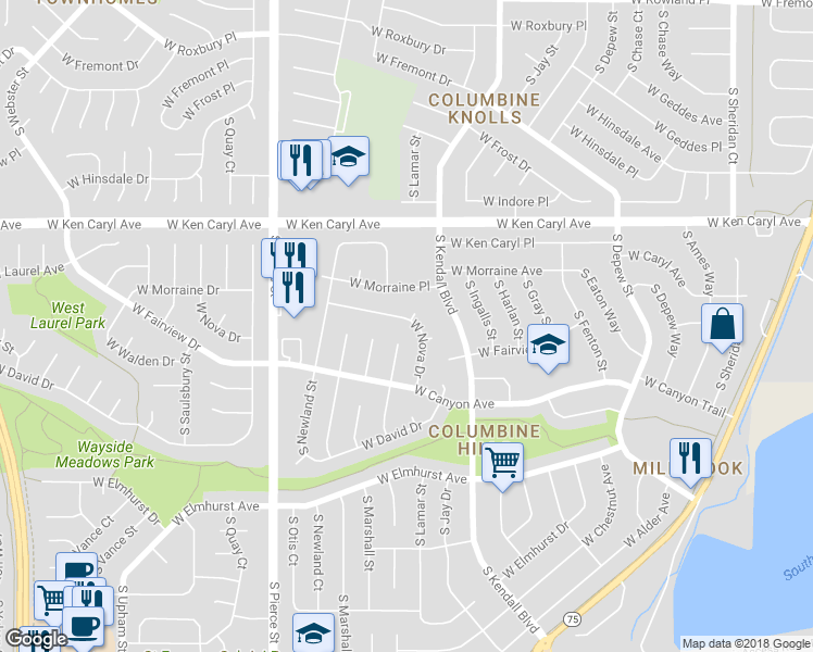 map of restaurants, bars, coffee shops, grocery stores, and more near 6368 West Nova Drive in Littleton