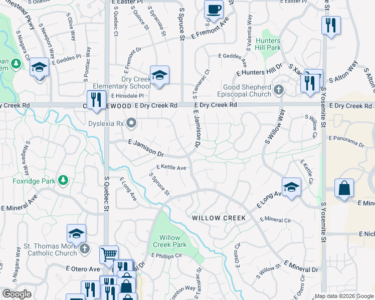 map of restaurants, bars, coffee shops, grocery stores, and more near 7661 South Rosemary Circle in Centennial