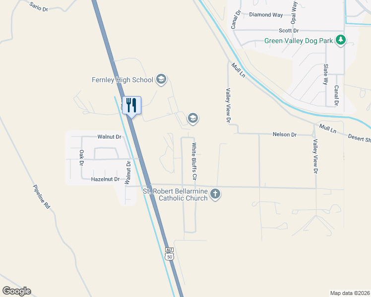 map of restaurants, bars, coffee shops, grocery stores, and more near 1347 White Bluffs Cir in Fernley