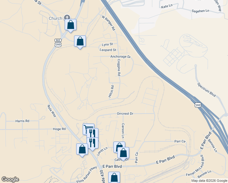 map of restaurants, bars, coffee shops, grocery stores, and more near 5040 Hitch Road in Reno