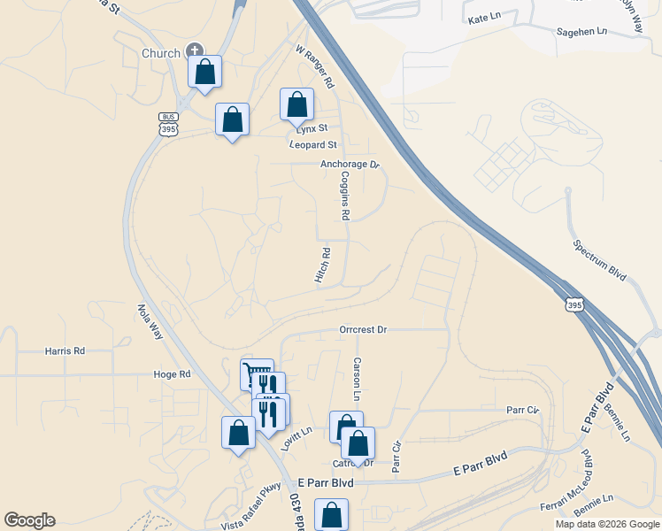 map of restaurants, bars, coffee shops, grocery stores, and more near 5040 Hitch Road in Reno