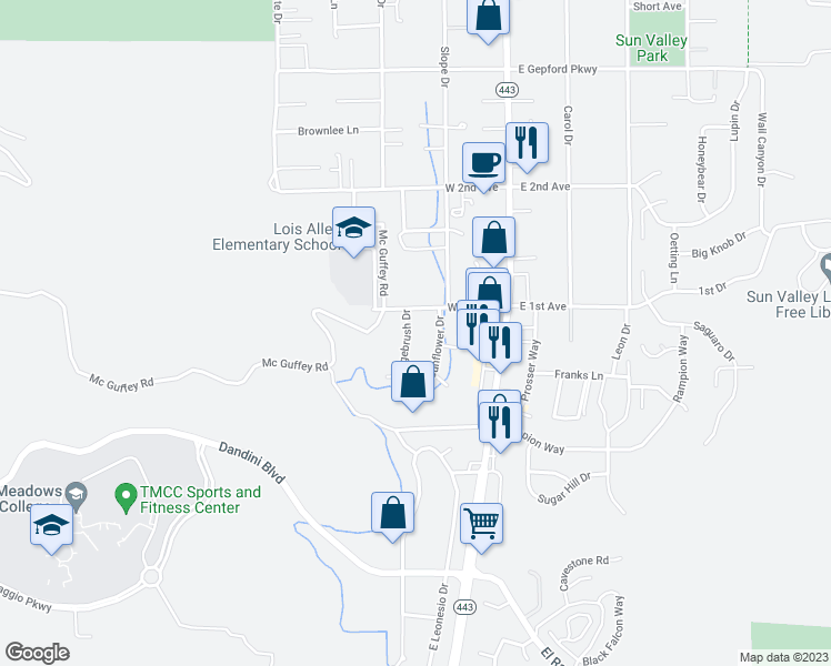 map of restaurants, bars, coffee shops, grocery stores, and more near 5074 Sagebrush Drive in Sun Valley
