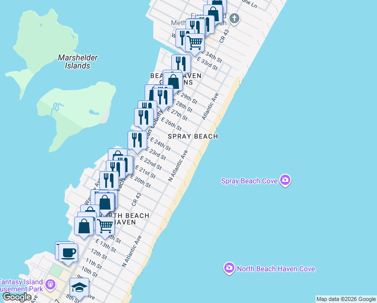 map of restaurants, bars, coffee shops, grocery stores, and more near 2415 Atlantic Avenue in Long Beach