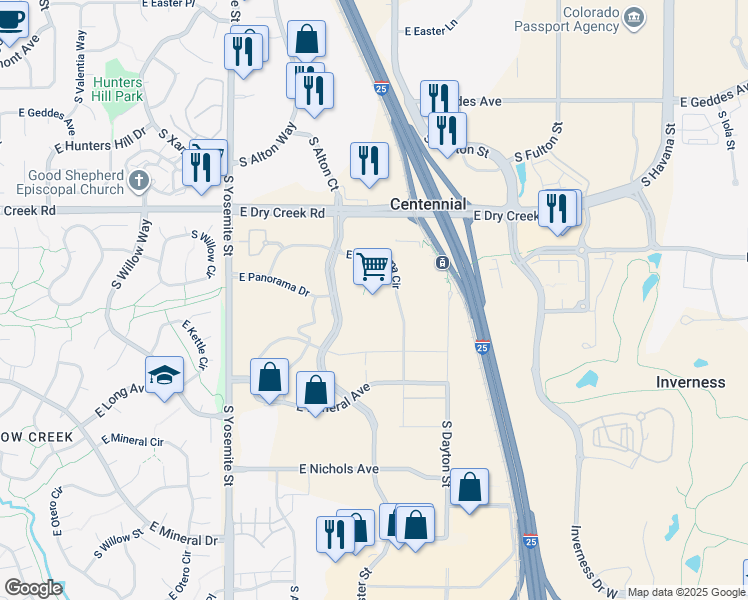 map of restaurants, bars, coffee shops, grocery stores, and more near 7670 South Chester Street in Englewood