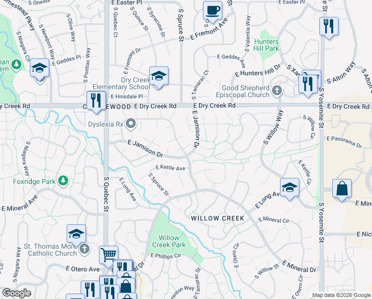 map of restaurants, bars, coffee shops, grocery stores, and more near 7661 South Rosemary Circle in Centennial