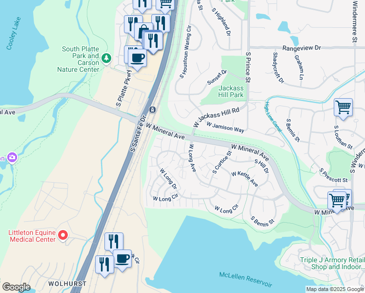 map of restaurants, bars, coffee shops, grocery stores, and more near 3002 West Long Drive in Littleton