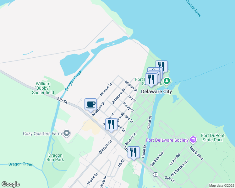 map of restaurants, bars, coffee shops, grocery stores, and more near 204 Jefferson Street in Delaware City