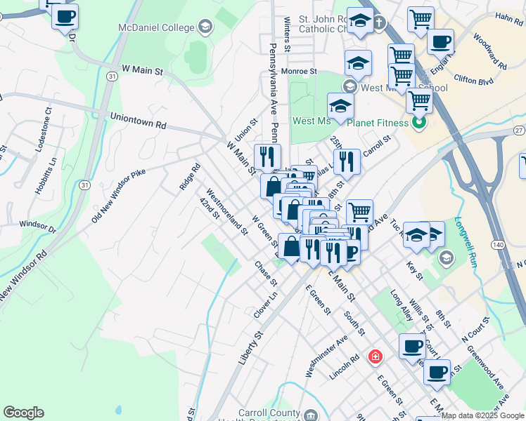 map of restaurants, bars, coffee shops, grocery stores, and more near 14 Anchor St in Westminster