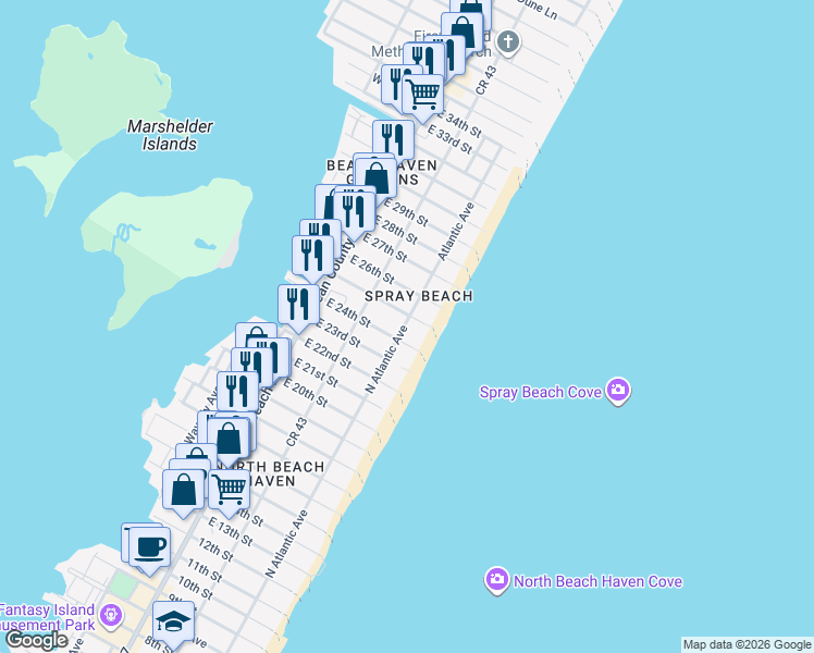 map of restaurants, bars, coffee shops, grocery stores, and more near 2415 Atlantic Avenue in Long Beach