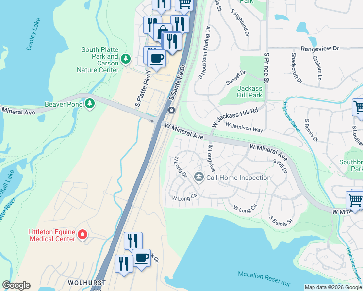 map of restaurants, bars, coffee shops, grocery stores, and more near 2982 West Long Drive in Littleton