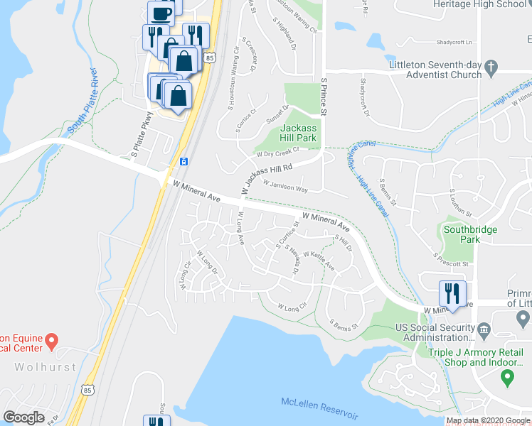 map of restaurants, bars, coffee shops, grocery stores, and more near 7705 South Curtice Way in Littleton