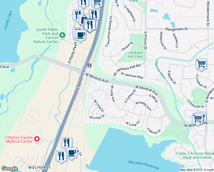 map of restaurants, bars, coffee shops, grocery stores, and more near 3002 West Long Drive in Littleton