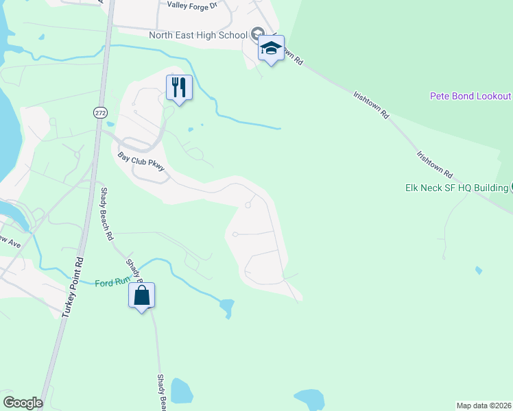 map of restaurants, bars, coffee shops, grocery stores, and more near 12 Chip Shot Court in North East