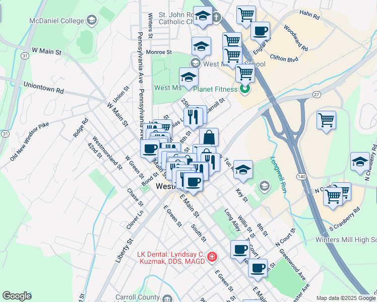 map of restaurants, bars, coffee shops, grocery stores, and more near 46 John Street in Westminster
