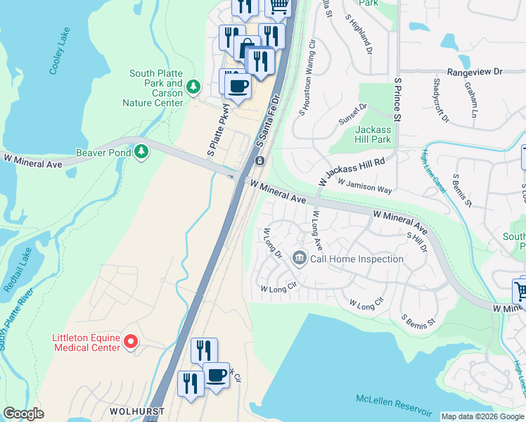 map of restaurants, bars, coffee shops, grocery stores, and more near 2982 West Long Drive in Littleton