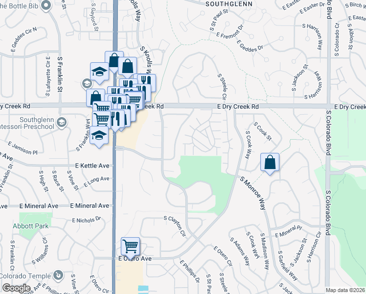 map of restaurants, bars, coffee shops, grocery stores, and more near 7640 South Fillmore Way in Centennial