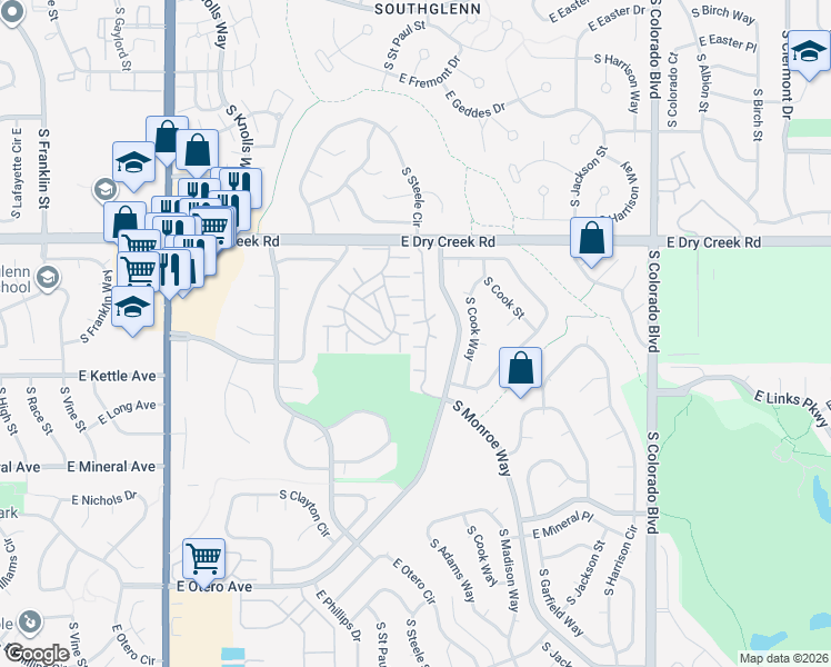 map of restaurants, bars, coffee shops, grocery stores, and more near 7661 South Steele Street in Centennial