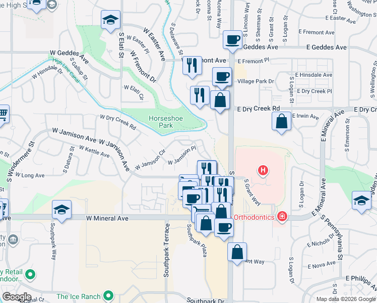 map of restaurants, bars, coffee shops, grocery stores, and more near 331 West Jamison Place in Littleton