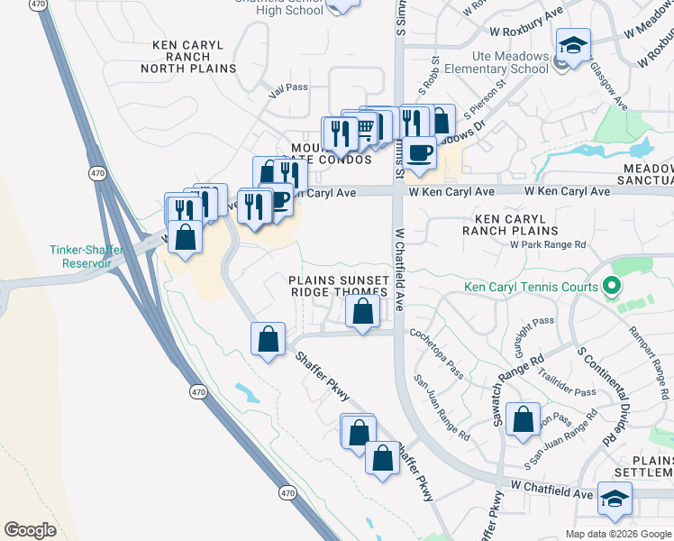 map of restaurants, bars, coffee shops, grocery stores, and more near 11787 West Elk Head Range Road in Littleton