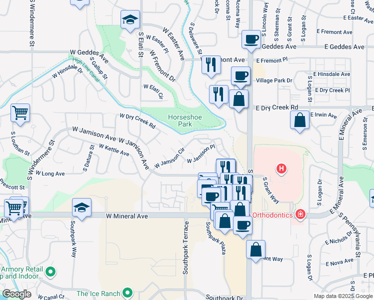 map of restaurants, bars, coffee shops, grocery stores, and more near 447 West Jamison Place in Littleton