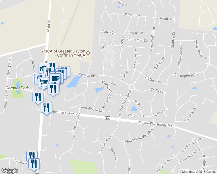 map of restaurants, bars, coffee shops, grocery stores, and more near 355 Thomas Drive in Springboro