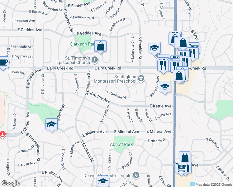 map of restaurants, bars, coffee shops, grocery stores, and more near 1698 East Jamison Place in Centennial