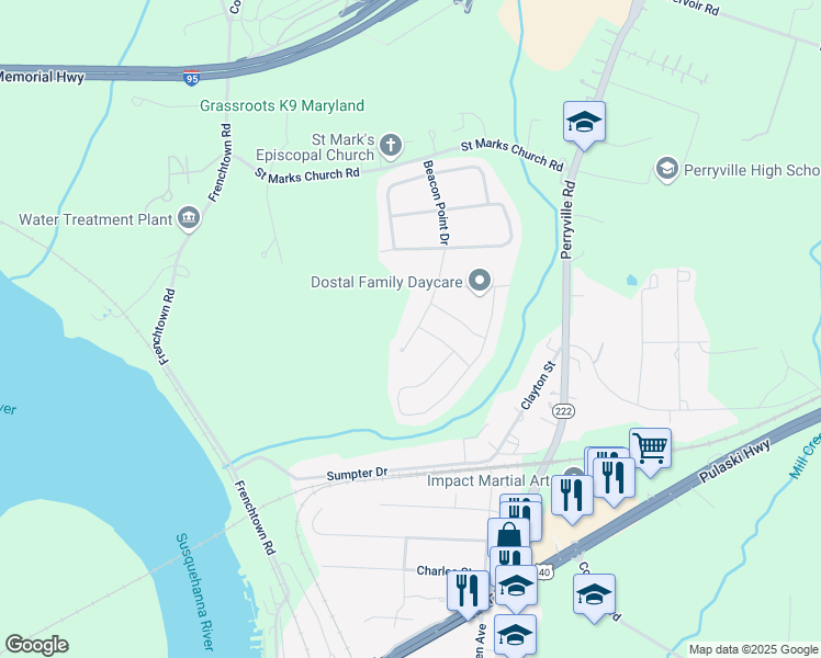 map of restaurants, bars, coffee shops, grocery stores, and more near 311 Beacon Point Drive in Perryville