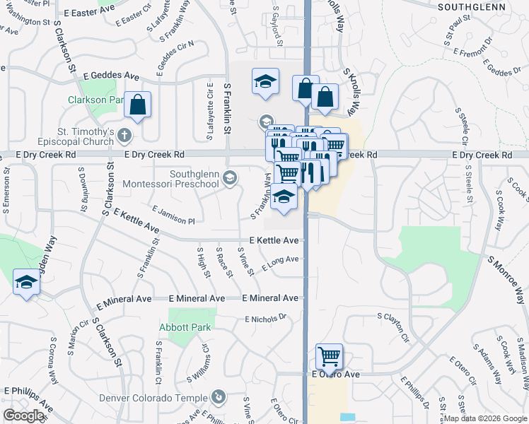 map of restaurants, bars, coffee shops, grocery stores, and more near 7654 South Franklin Way in Centennial
