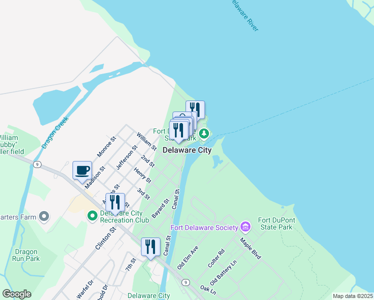map of restaurants, bars, coffee shops, grocery stores, and more near in Delaware City