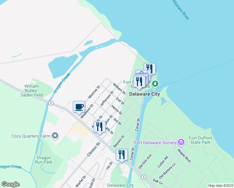 map of restaurants, bars, coffee shops, grocery stores, and more near 138 Adams Street in Delaware City