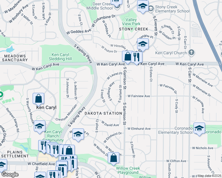 map of restaurants, bars, coffee shops, grocery stores, and more near 7659 South Holland Way in Littleton