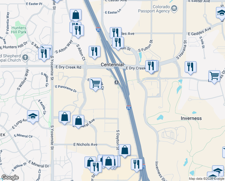 map of restaurants, bars, coffee shops, grocery stores, and more near 9601 East Panorama Circle in Englewood