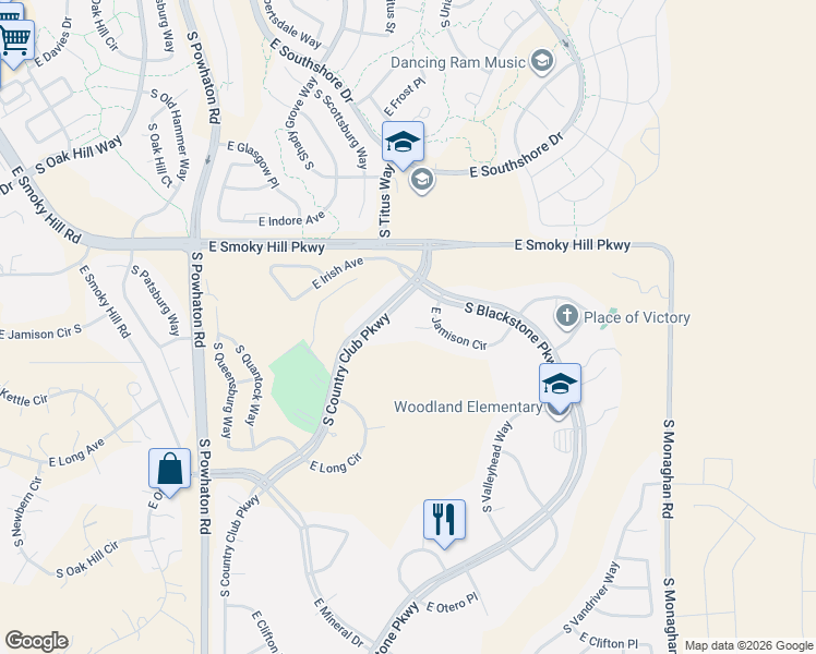 map of restaurants, bars, coffee shops, grocery stores, and more near 27238 East Jamison Place in Aurora