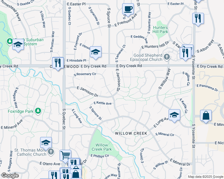 map of restaurants, bars, coffee shops, grocery stores, and more near 7661 South Rosemary Circle in Centennial