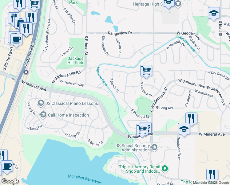 map of restaurants, bars, coffee shops, grocery stores, and more near 7685 South Prescott Place in Littleton