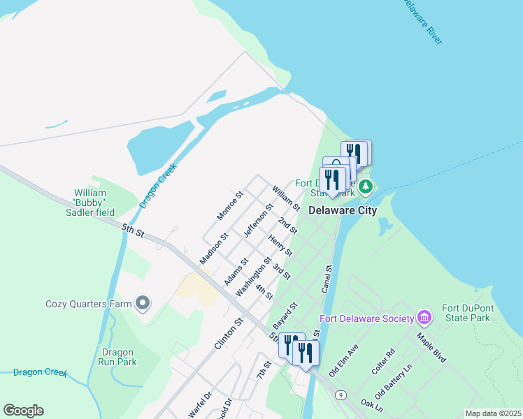 map of restaurants, bars, coffee shops, grocery stores, and more near 204 Jefferson Street in Delaware City